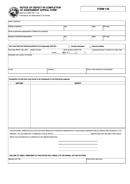 Fillable Form 138 - Notice Of Defect In Completion Of Assessment Appeal Form Printable pdf