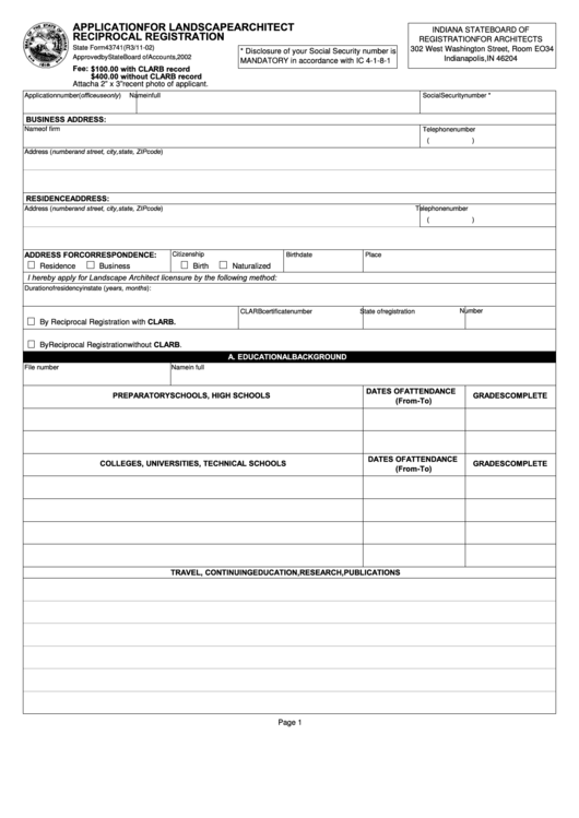 State Form 43741 - Application For Landscape Architect Reciprocal Registration - 2002 Printable pdf