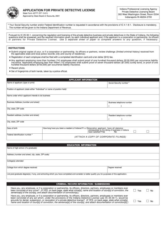 State Form 43777 - Application For Private Detective License - Indiana Professional Licensing Agency Printable pdf