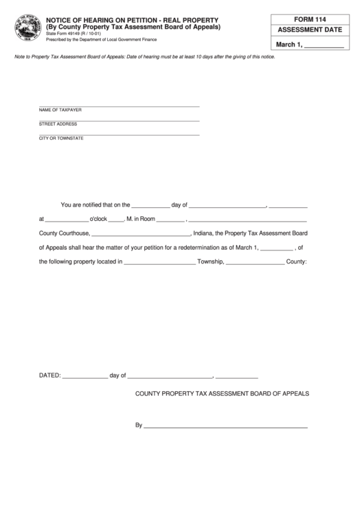 Fillable Form 49149 - Notice Of Hearing On Petition - Real Property - Department Of Local Government Finance, State Of Indiana Printable pdf