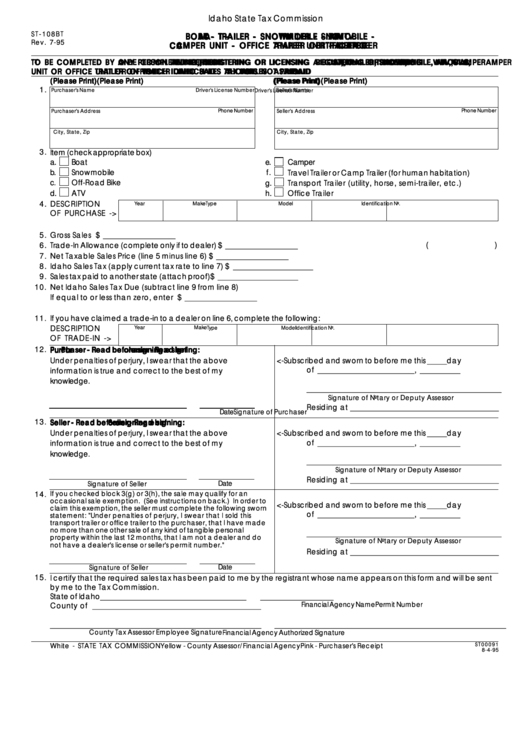 Form St-108bt - Boat - Trailer - Snowmobile - Wmobile - Atv Camper Unit - Office Amper Unit - Office Trailer Certificate - Idaho State Tax Commission Printable pdf