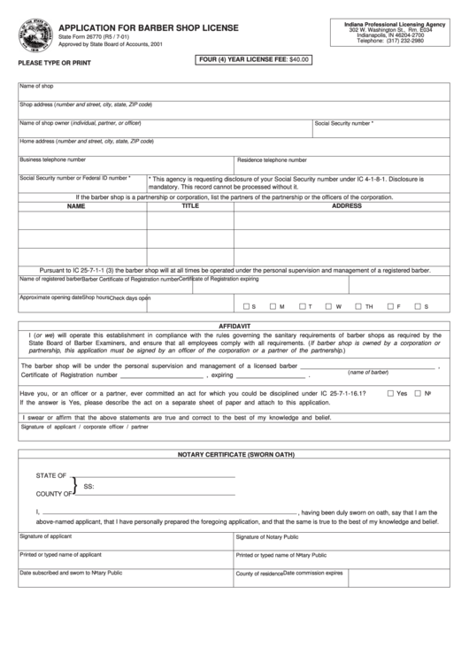 State Form 26770 - Application For Barber Shop License Printable pdf