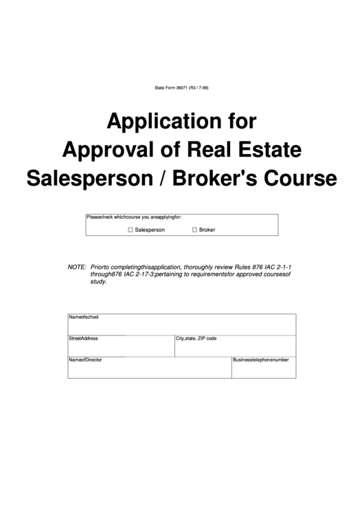 Fillable Form 36071 - Application For Approval Of Real Estate Salesperson / Broker