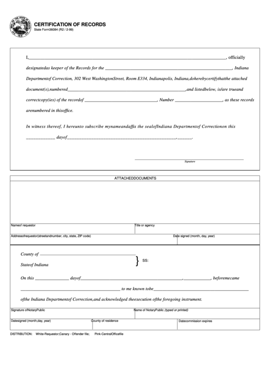 Fillable Form 36084 - Certification Of Records - Department Of Correction, State Of Indiana Printable pdf