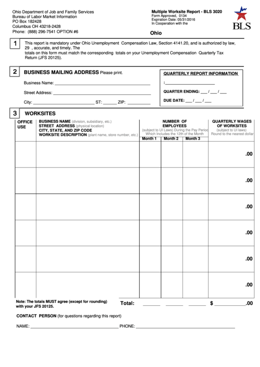 Fillable Form Bls 3020 - Multiple Worksite Report - Ohio Department Of Job And Family Services Printable pdf