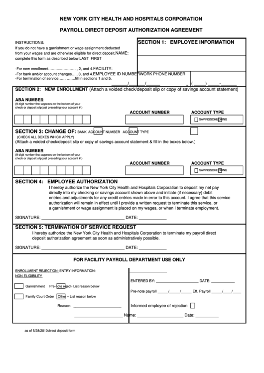 Payroll Direct Deposit Authorization Agreement Form Printable pdf
