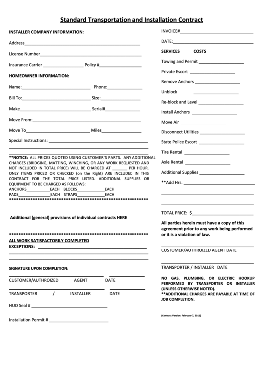Standard Transportation And Installation Contract Form Printable pdf