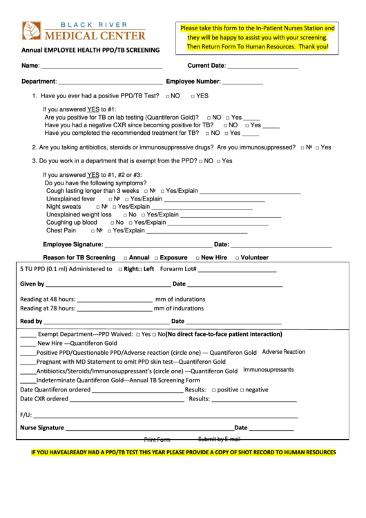 Fillable Annual Employee Health Ppd/tb Screening Form - Black River Medical Center Printable pdf