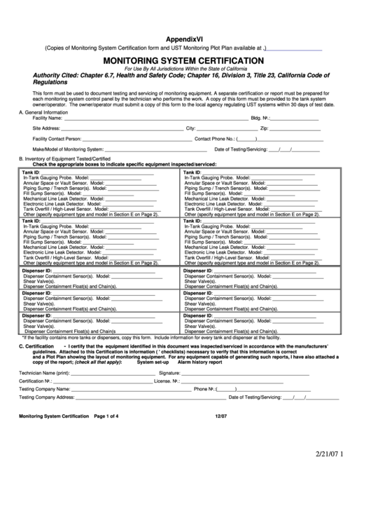 Fillable Monitoring System Certification Form Printable pdf