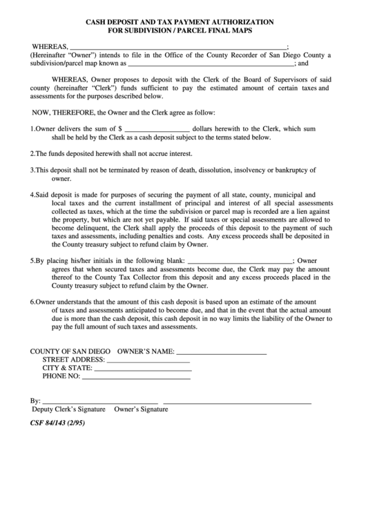 Fillable Cash Deposit And Tax Payment Authorization Form - State Of California Printable pdf
