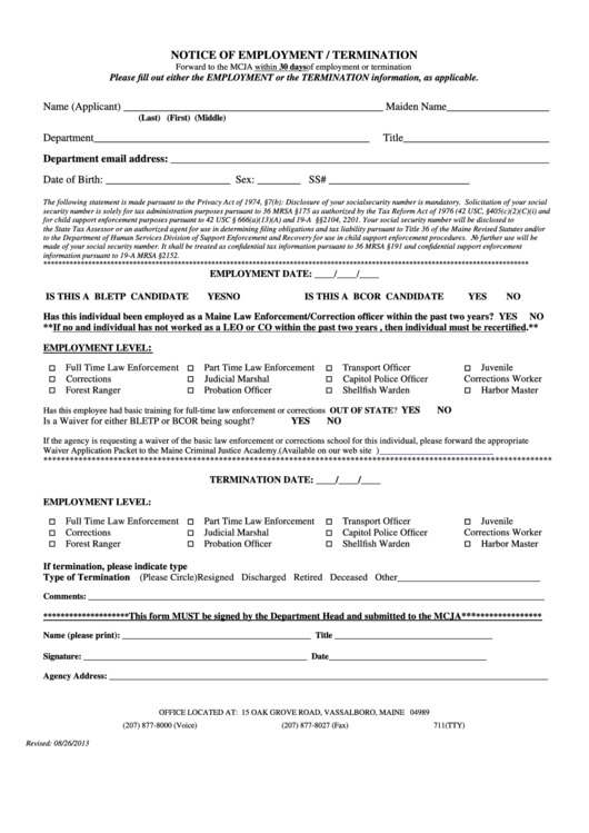 Fillable Notice Of Employment Or Termination Form Printable pdf