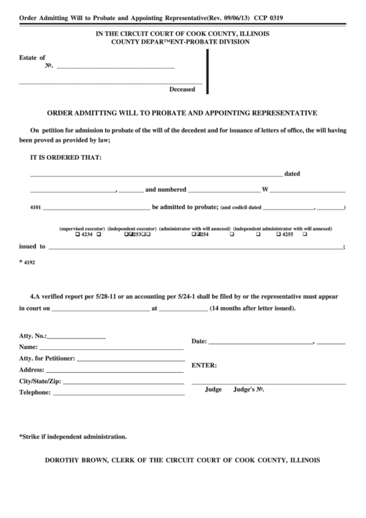 Fillable Form Ccp 0319 - Order Admitting Will To Probate And Appointing Representative Printable pdf