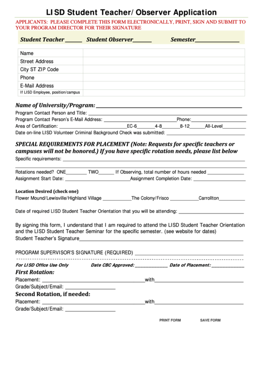 Fillable Lisd Student Teacher/observer Application Form Printable pdf