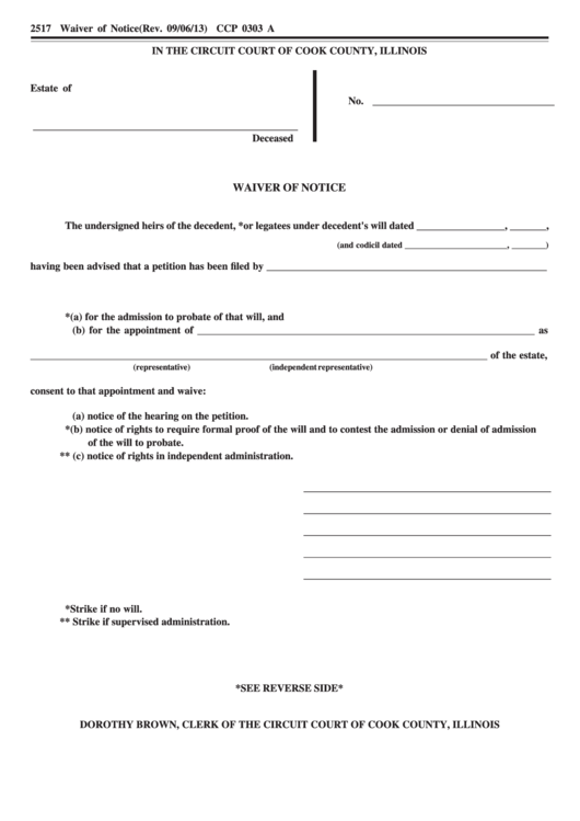 Fillable Form Ccp 0303 A - Waiver Of Notice - Court Of Cook County, Illinois Printable pdf