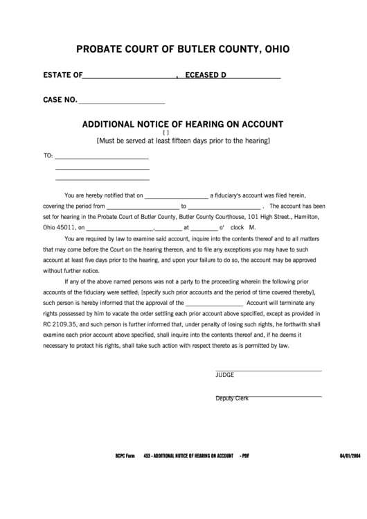 Fillable Additional Notice Of Hearing On Account Form - Court Of Butler County, Ohio Printable pdf