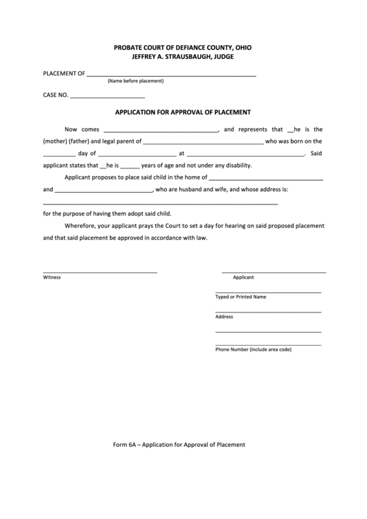 Fillable Application For Approval Of Placement Form - Court Of Defiance County, Ohio Printable pdf