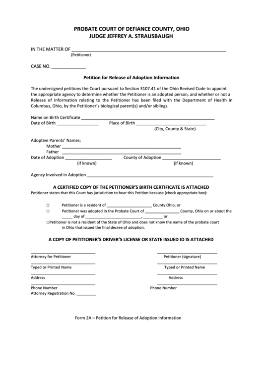 Fillable Petition For Release Of Adoption Information Form - Court Of Defiance County, Ohio Printable pdf