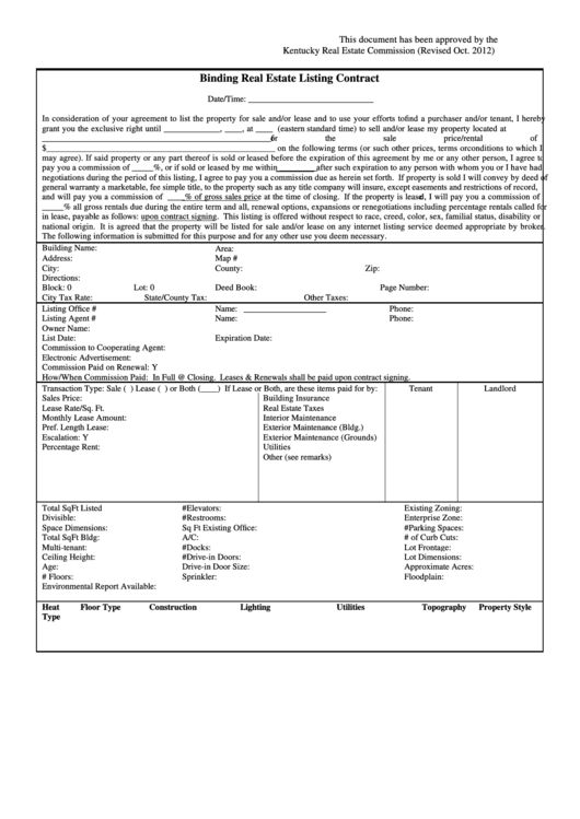 Form L108 Binding Real Estate Listing Contract printable