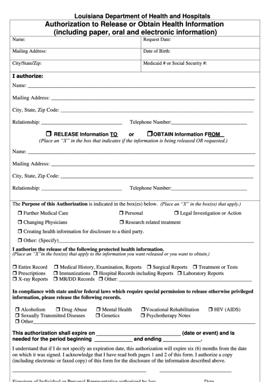 Fillable Authorization To Release Or Obtain Health Information Form - Louisiana Department Of Health And Hospitals Printable pdf