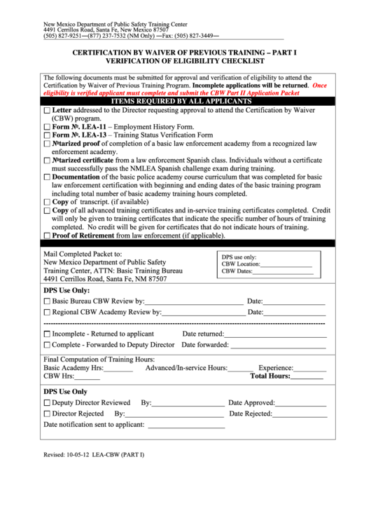 Fillable Certification By Waiver Of Previous Training Verification Of Eligibility Checklist Form Printable pdf