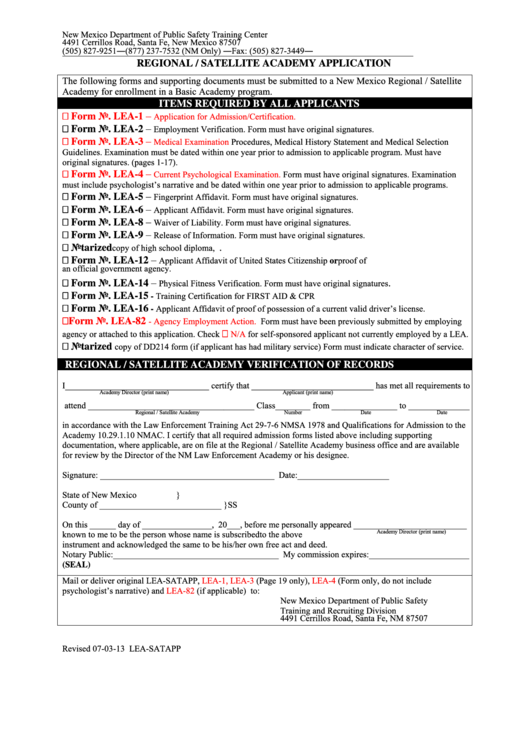 Fillable Form Lea-Satapp - Regional / Satellite Academy Application Printable pdf