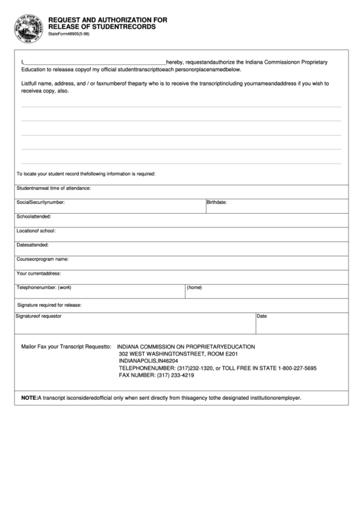 Fillable Form 48905 - Request And Authorization For Release Of Student Records - Indiana Commission On Proprietary Education Printable pdf