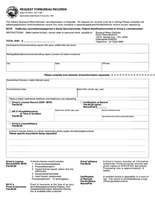 Fillable Form 43511 - Request For Bureau Records - Bureau Of Motor Vehicles, State Of Indiana Printable pdf