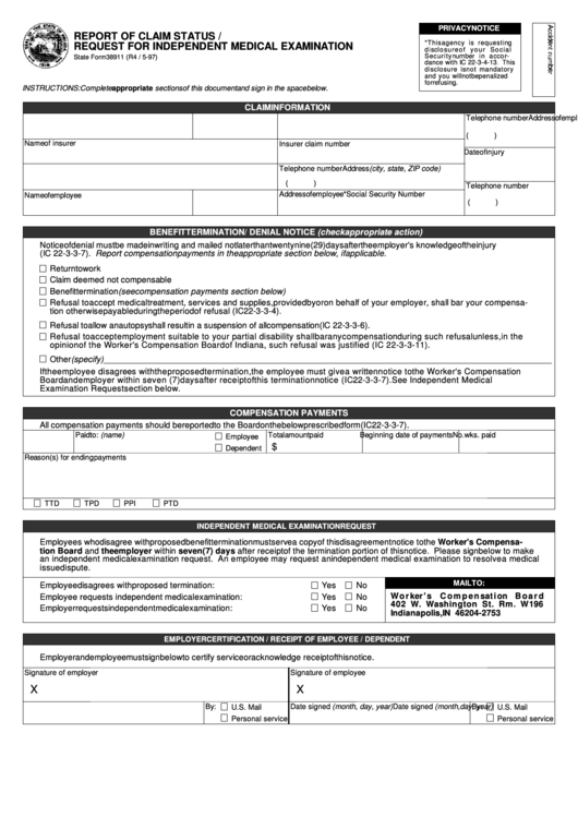 Fillable Form 38911 - Report Of Claim Status / Request For Independent Medical Examination - Worker