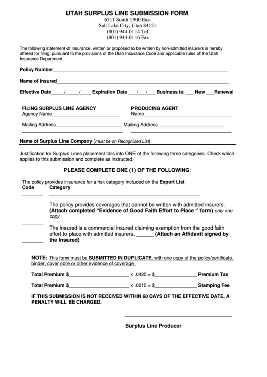 Utah Surplus Line Submission Form Printable pdf
