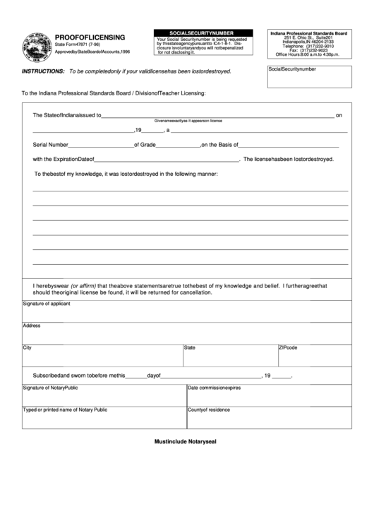 Fillable Form 47871 - Proof Of Licensing - Indiana Professional Standards Board Printable pdf