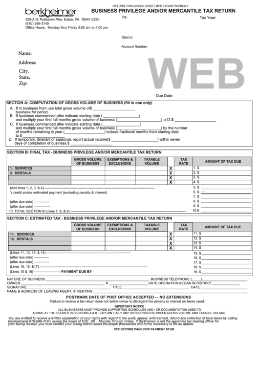 Fillable Business Privilege And/or Mercantile Tax Return - Exton, Pa - 2015 Printable pdf