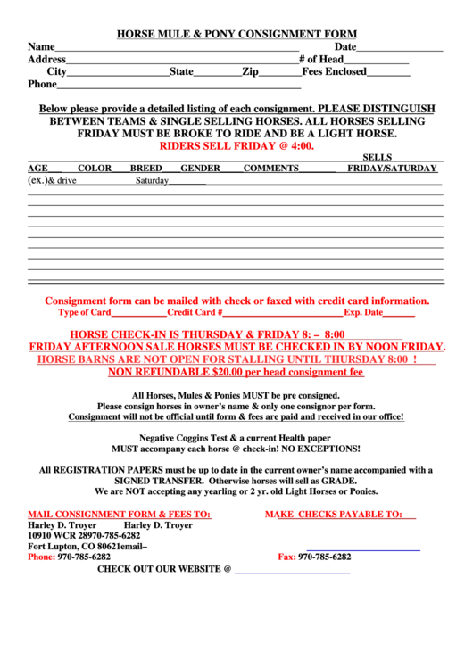 Horse Mule & Pony Consignment Form