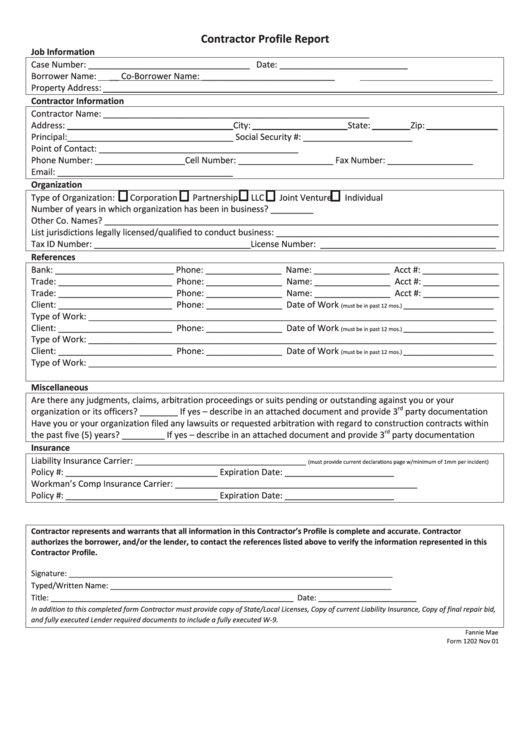 Contractor Profile Report Form Printable pdf
