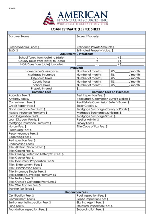 Fillable Loan Estimate (Le) Fee Sheet Printable pdf