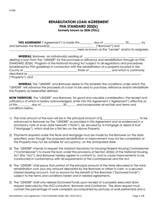 Fillable Rehabilitation Loan Agreement Template Printable pdf