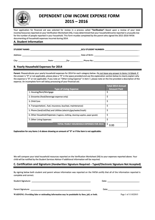 Fillable Dependent Low Income Expense Form - 2015-2016 Printable pdf