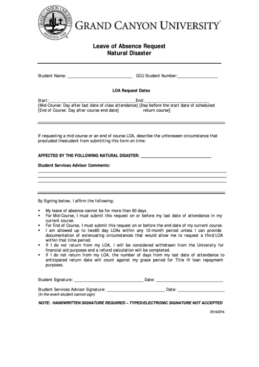 Fillable Leave Of Absence Request Natural Disaster Form Printable pdf