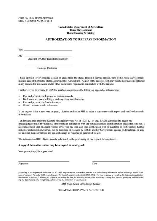 Form Rd 3550-1 - Authorization To Release Information - United States Department Of Agriculture Rural Development Rural Housing Servicing Printable pdf