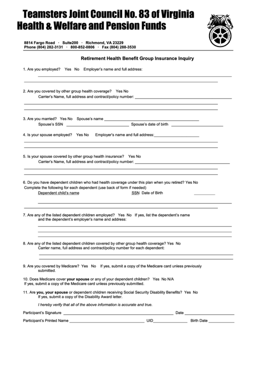 Fillable Retirement Health Benefit Group Insurance Inquiry Form Printable pdf