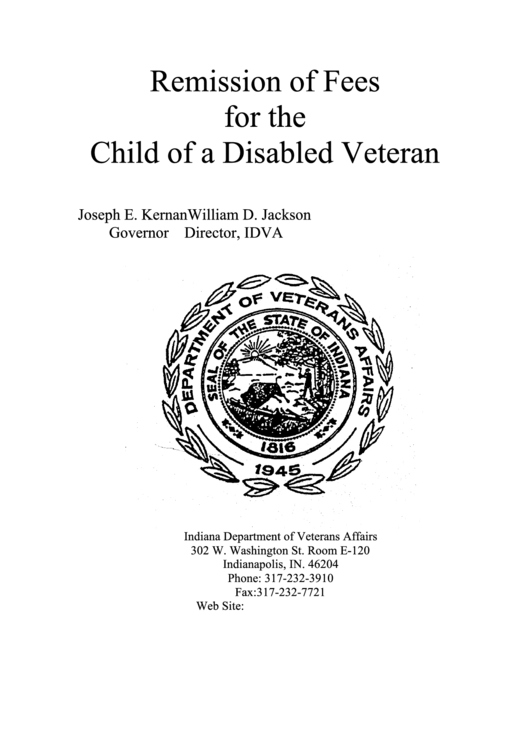 State Form 20234 - Remission Of Fees For The Child Of A Disabled Veteran - Indiana Department Of Veterans Affairs (2004) Printable pdf