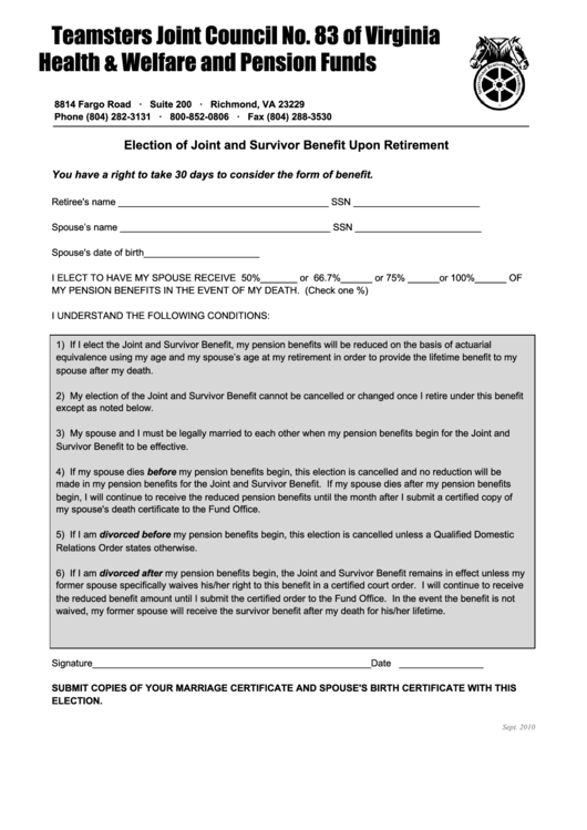 Fillable Election Of Joint And Survivor Benefit Upon Retirement Form Printable pdf