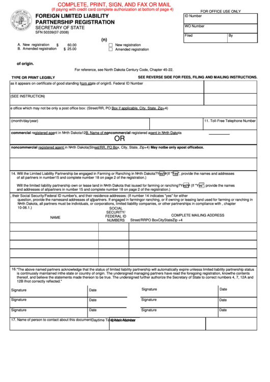 Fillable Form Sfn 50339 - Foreign Limited Liability Partnership Registration Printable pdf