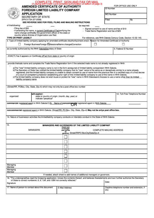 Fillable Form Sfn 51734 - Amended Certificate Of Authority Foreign Limited Liability Company Application Printable pdf