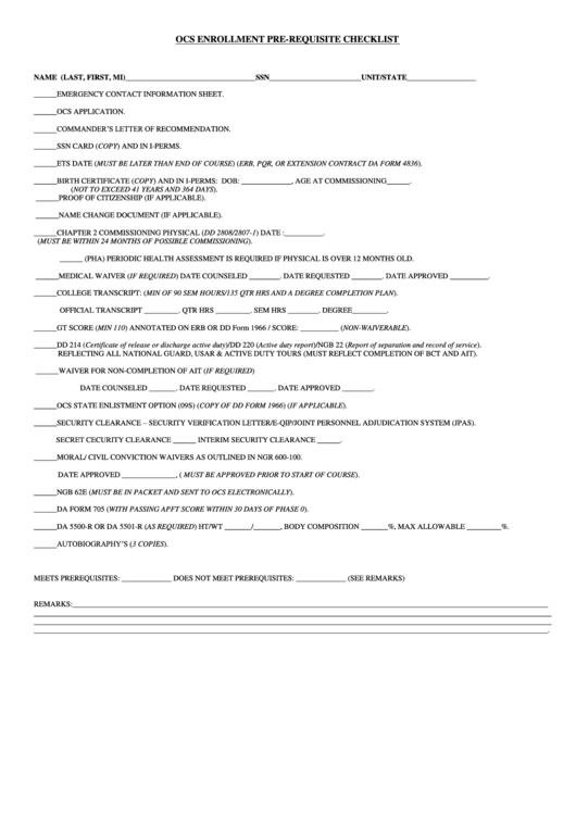 Fillable Ocs Enrollment Pre-Requisite Checklist - Nebraska National Guard Form Printable pdf