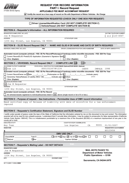 Fillable Request For Record Information Form Printable pdf