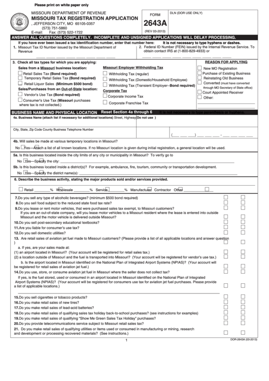 Fillable Form 2643a - Missouri Tax Registration Application - 2013 Printable pdf