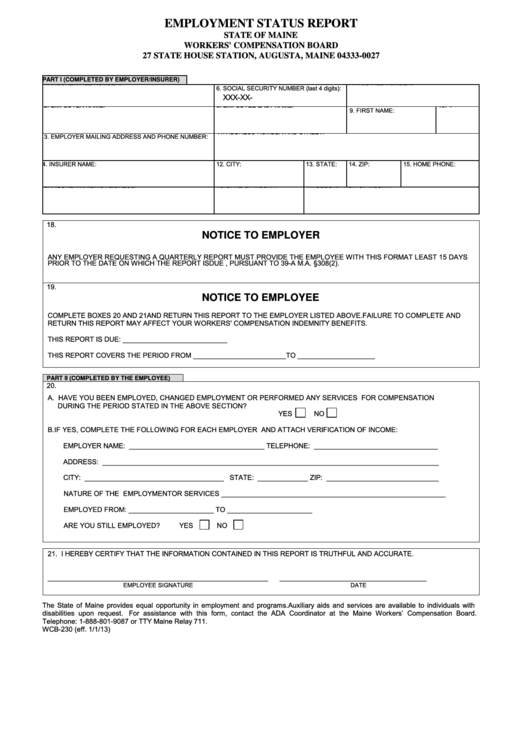 Fillable Form Wcb-230 - Employment Status Report Printable pdf