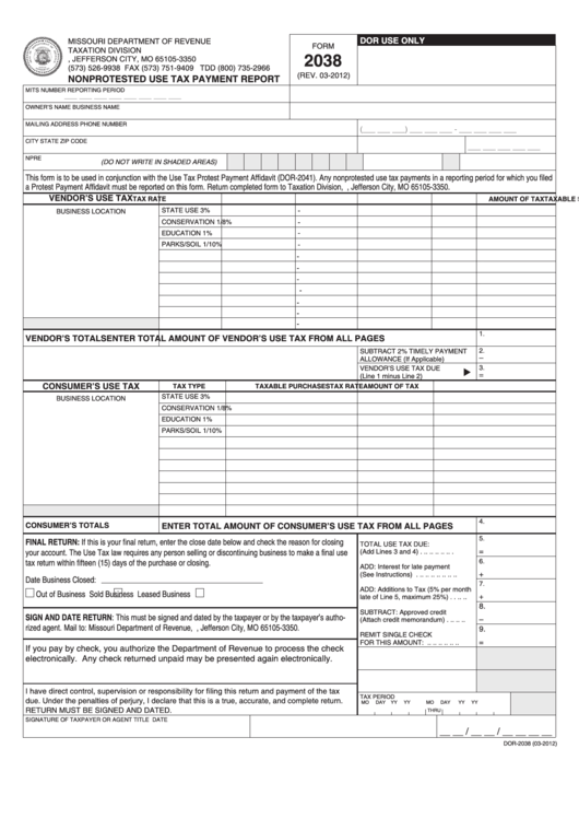 Fillable Form 2038 - Nonprotested Use Tax Payment Report Printable pdf