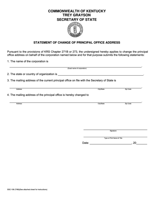 Fillable Form Ssc-108 - Statement Of Change Of Principal Office Address - Secretary Of State, Commonwealth Of Kentucky Printable pdf