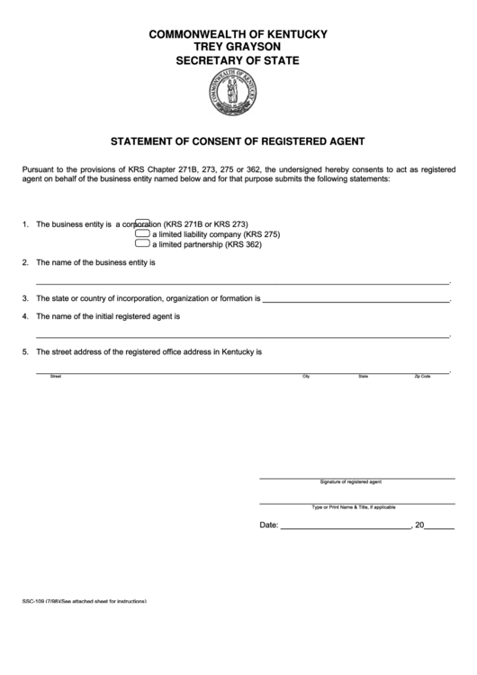 Fillable Form Ssc-109 - Statement Of Consent Of Registered Agent Printable pdf